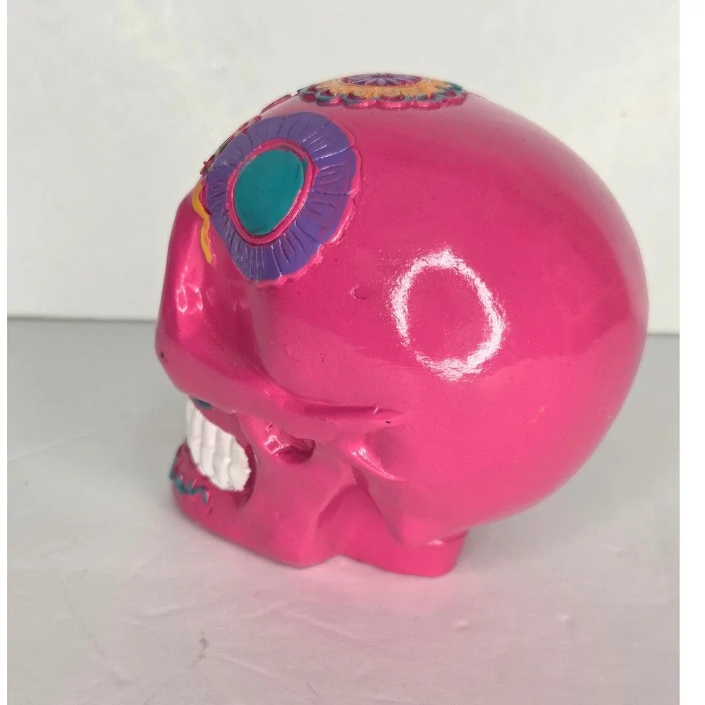Pink Dia De Los Muertos Sugar Skull Figurine Floral Day of the Dead Decor